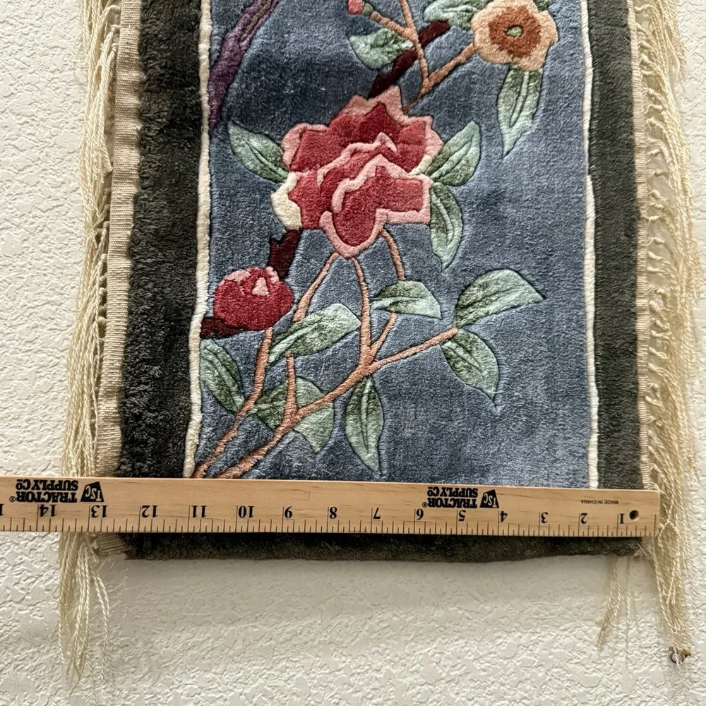 Vintage Hand-Knotted Chinese Silk Bird Flowers Wall Hanging Tapestry Rug 24”X12”